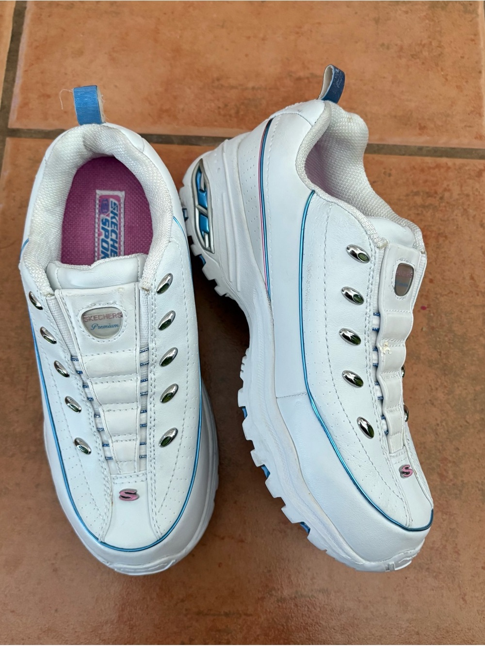 Skechers Sport, White Leather Platform Sneakers with Blue Trim and Pink Insole